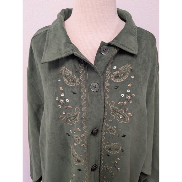 Vintage Erika Forest Green Faux Suede Top sz 3X Beaded Gold Trim Feminine Retro - Picture 4 of 8